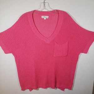 Macaron Hot Pink Sweater Short Sleeve V Neck Sz S Oversize Relaxed